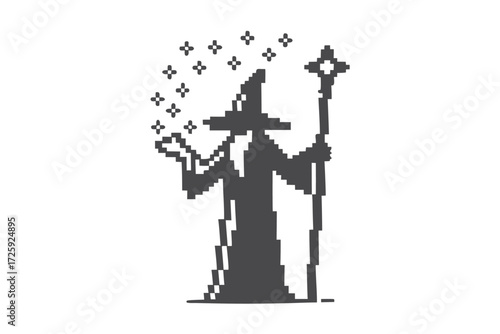 Silhouette wizard in robe and hat casts magic using a star wand