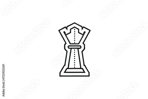 Simple black lines compose chess queen piece on a white background forming strong graphic