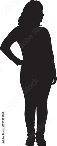 vector,silhouette of a front view of a woman standing looking away and arm akimbo