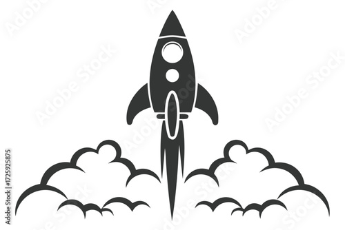 Simple gray rocket launches upwards with clouds behind on a white background