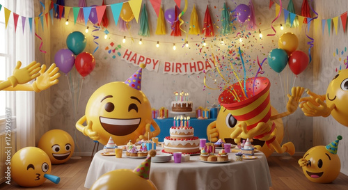 Joyful Emoji Celebration With Confetti and Birthday Cake