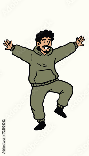 Animated man in green sweatsuit arms wide one leg up in mid-dance step smiling with black hair and beard
