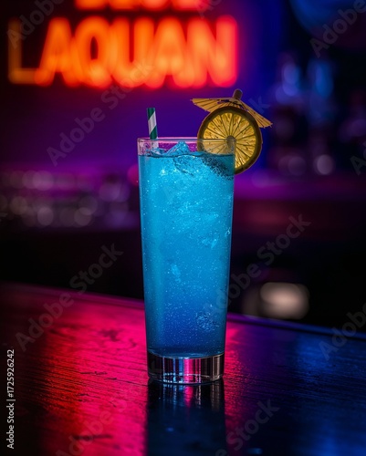 Blue lagoon drink with a slice of lime