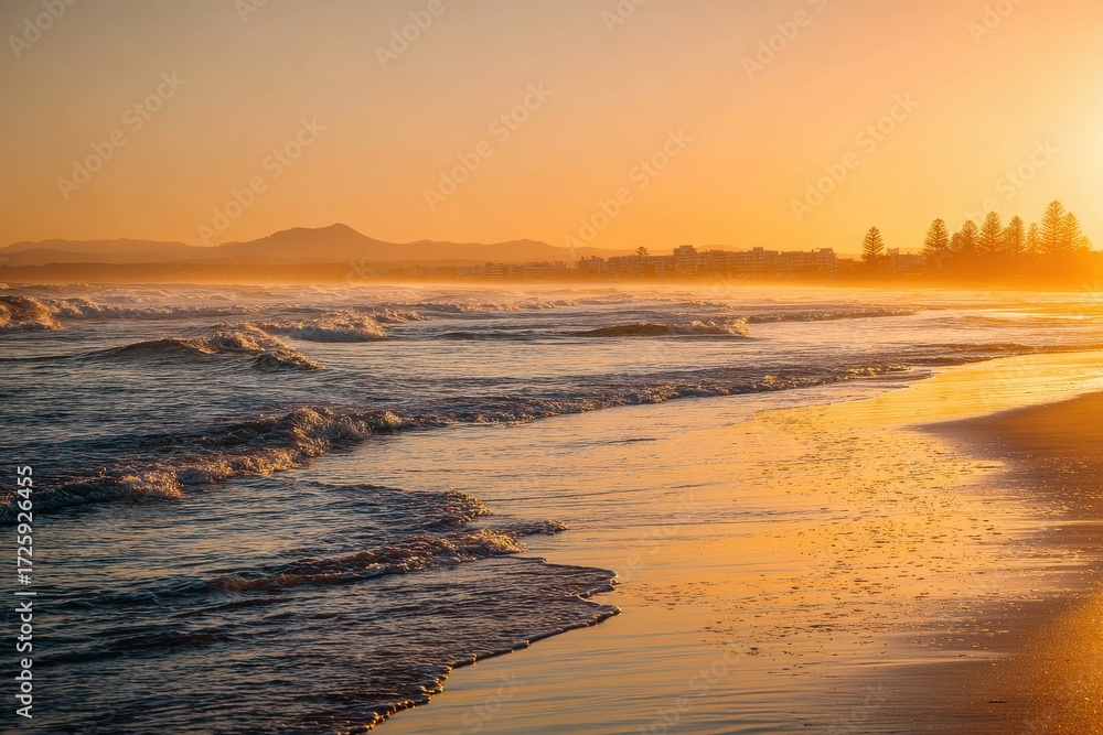 Naklejka premium Golden sunset over ocean waves and sandy beach