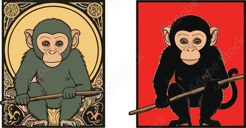 Monkey illustration, art nouveau style, modern design, cultural symbolism, decorative animal art, stylized primates, vector artwork, symmetrical composition, graphic contrast,