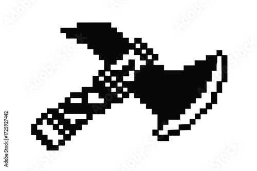 Simple pixel art depicts a black battle axe on white background