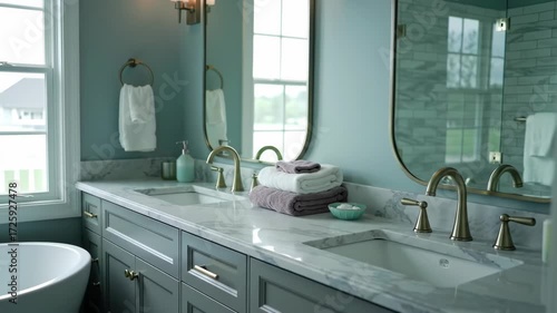 Modern bathroom with marble vanity, dual sinks, and a view