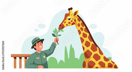 World animal day  giraffe feeding illustration at the zoo with zookeeper vector art for educational content and wildlife conservation vector
