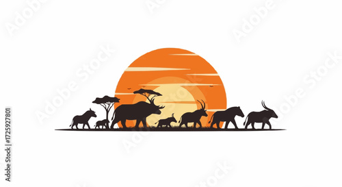 World animal day  african safari animals silhouette vector illustration sunset background wildlife scene landscape design concept vector