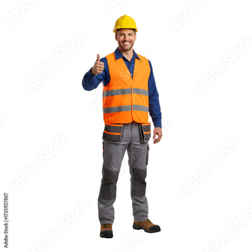 Construction Worker: Safety Vest, Hard Hat, Thumbs Up - Professional Craftsman on white background