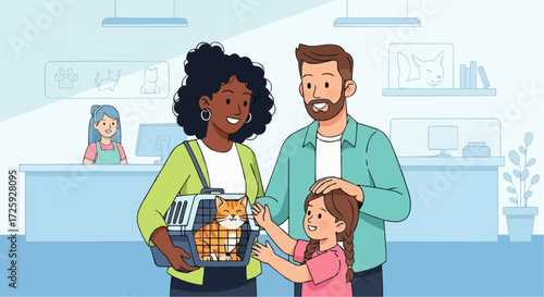 World animal day  cartoon family with cat in carrier visiting veterinarian clinic for pet care and animal health check up today vector