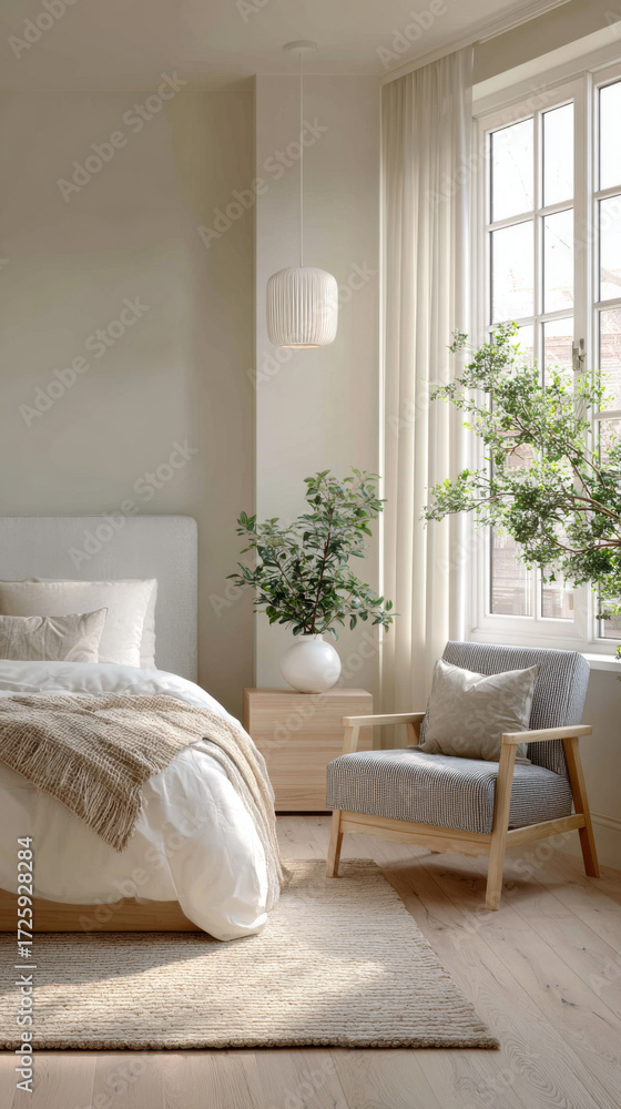 Fototapeta premium Cozy and modern bedroom featuring natural elements, soft lighting, and a serene atmosphere in a well-decorated space
