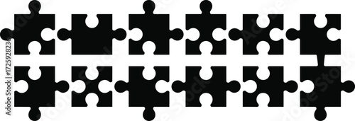 Black puzzle pieces sequence, abstract logic pattern, spatial reasoning challenge, visual intelligence test, educational game concept, minimal design, isolated