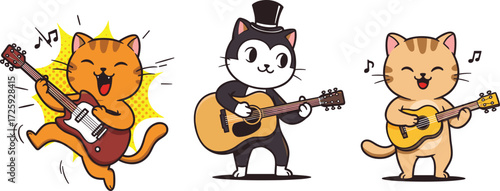 Cartoon cats playing guitars in musical band scene, fun animal musicians performing with acoustic and electric instruments, vector illustration for kidsCartoon cats playing guitars in musical