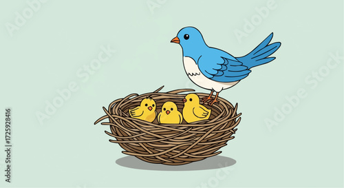 World animal day  illustration of blue bird with chicks in nest, cute bird family scene, springtime birdwatching, bird and nest art vector