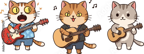 Cartoon cats playing guitars in fun musical scene with electric and acoustic instruments, colorful outfits, music notes, joyful vector illustrationCartoon cats playing guitars in fun music