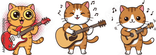 Cartoon cats playing guitars in musical band, cute feline musicians with acoustic and electric instruments, fun vector illustration for music loversCartoon cats playing guitars 