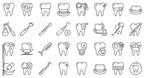 Set of dental hygiene and tooth care icons representing various aspects of oral health and dentistry treatments