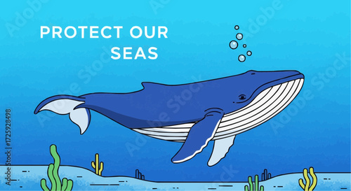 World animal day  blue whale swimming in ocean illustration protect our seas marine life conservation oceanography and marine biology vector