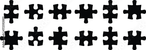 Black puzzle pieces, silhouette icons, abstract connectors, jigsaw shapes, minimal design, spatial reasoning, visual test, isolated layout, white background