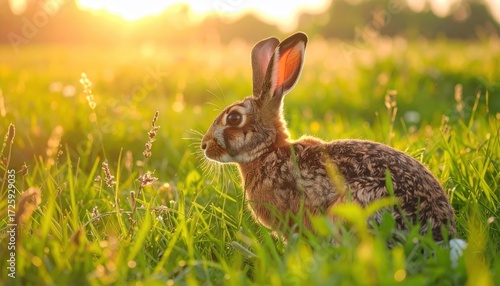 Hare immersed in golden meadow light, a serene scene of wild nature