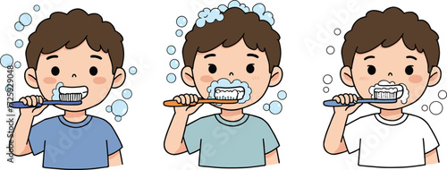 Cute cartoon kids brushing teeth with toothpaste foam, dental hygiene education illustration, oral care routine vector design isolated on white backgroundCute cartoon kids brushing teeth 