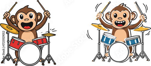 Cute cartoon monkey playing drums illustration with musical instruments and funny character art perfect for children music education designsCute cartoon monkey playing drums illustration 