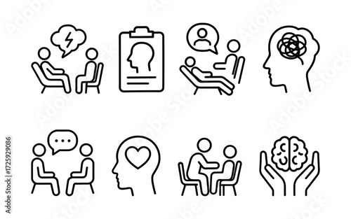Set of black line icons illustrating psychological therapy and mental health support.