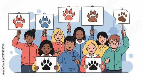 World animal day  animal rights protest group of children holding paw print signs demonstration for animal welfare advocacy vector
