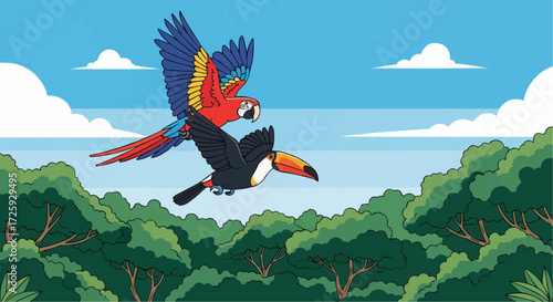 World animal day  colorful macaw parrot and toucan flying over the green jungle trees in a bright blue sky illustration vector
