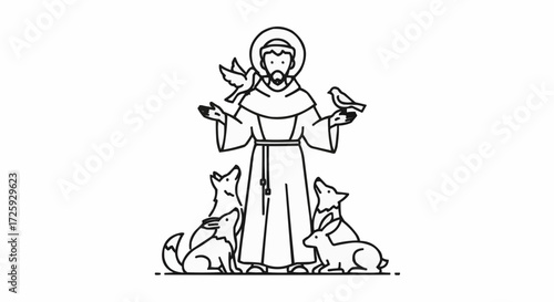 World animal day  saint francis of assisi illustration with animals vector art religious figure line drawing catholic saint design vector