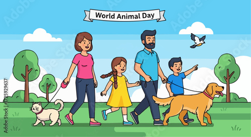 World animal day  celebrate world animal day with family and pets outdoors enjoying nature in this adorable vector illustration vector