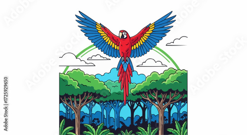 World animal day  colorful macaw parrot flying over the amazon rainforest trees vector illustration wildlife scene design art vector