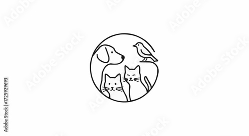 World animal day  minimalist pet logo design featuring dog cat and bird in circle outline for veterinary clinic or pet shop logo vector