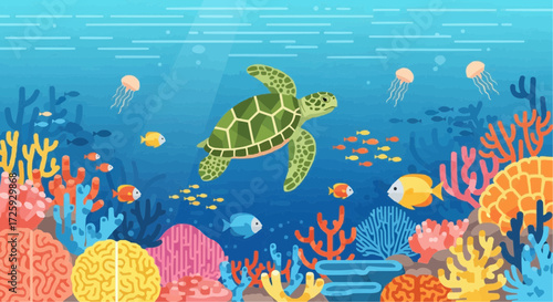 World animal day  sea turtle swimming in ocean with coral reef and marine life illustration for conservation awareness campaign vector