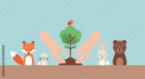 World animal day  illustration of planting a tree with animals fox bear rabbit mouse and bird in nature conservation concept vector