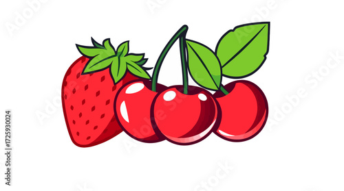 A cartoon illustration of a strawberry and three cherries, vibrant red and outlined in black.