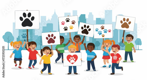 World animal day  animal rescue kids march for animal rights and welfare with paw print signs in city background illustration vector