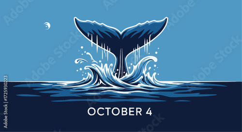 World animal day  whale tail breaching ocean surface illustration for world animal day october fourth celebration art design vector