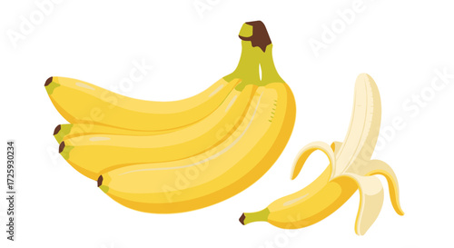 A cluster of ripe bananas, some intact, and one peeled, isolated on white.