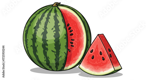 A vibrant illustration of a whole watermelon and a single, juicy slice.