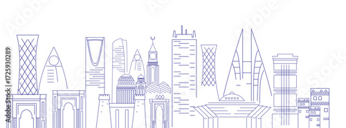Minimalist stroke line vector of Riyadh city skyline. Clean, modern outline featuring iconic architecture and cultural landmarks, perfect for posters, branding, souvenirs, and contemporary design.