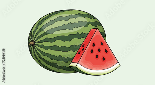 Illustration of a whole watermelon with green stripes and a slice with red flesh and black seeds.