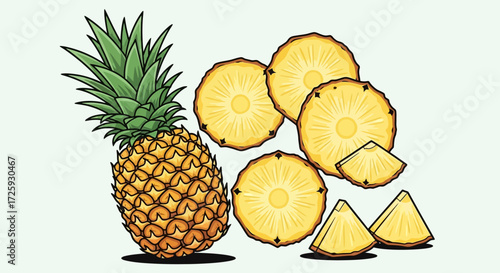 A whole pineapple and various slices arranged against a light background, showcasing the fruit's texture and segments.
