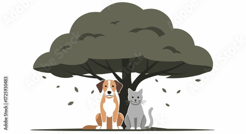 World animal day  dog and cat friendship under tree illustration vector art for pet lovers and animal themed designs and graphics vector