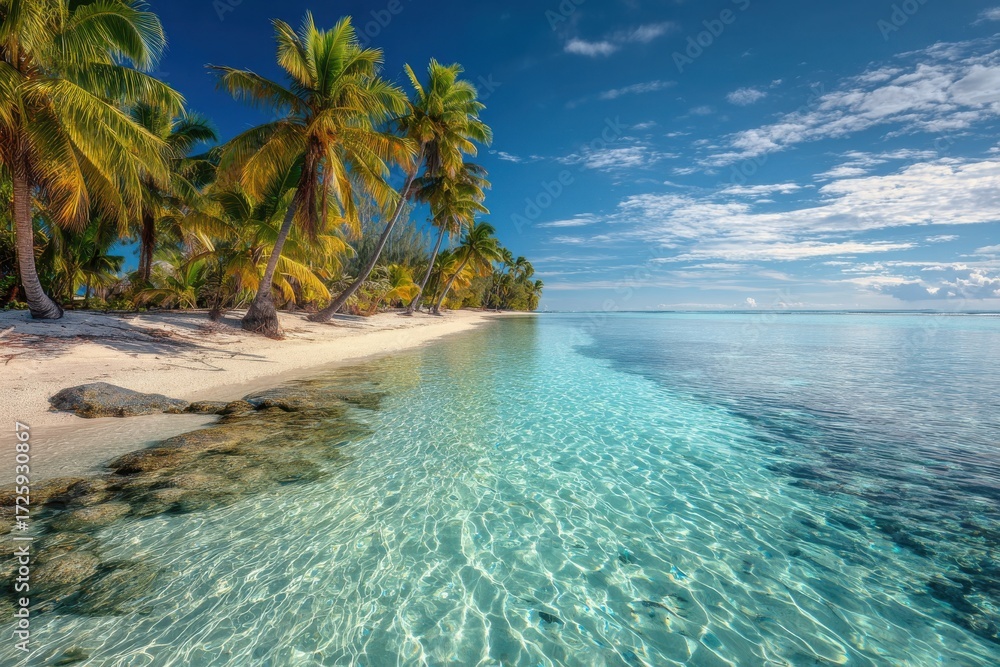 Fototapeta premium Idyllic tropical beach paradise with palm trees and crystal clear turquoise water