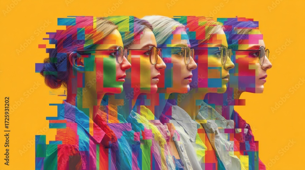 Fototapeta premium Vibrant Portrait Series Showing a Woman With Glasses in Colorful Glitch Art Style Against a Bright Yellow Background