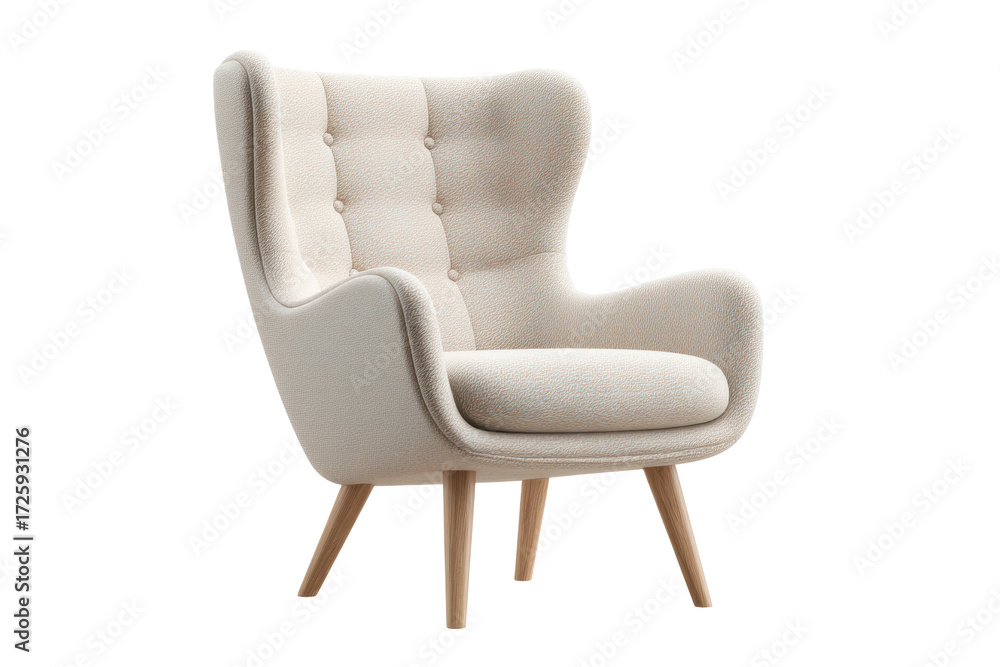 Naklejka premium Modern beige armchair with wooden legs and tufted backrest design, cut out