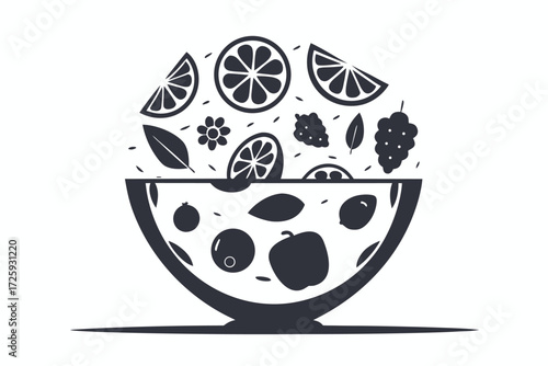 Single bowl containing various fruits and leaves are displayed above shadow