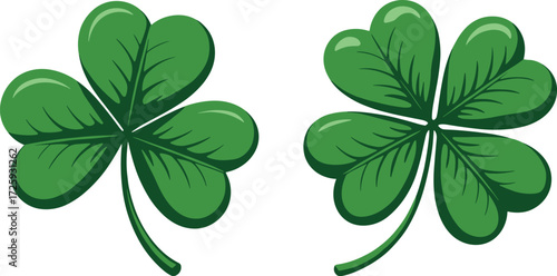 Clover leaf icons front view, three-leaf clover four-leaf clover green glossy style, lucky plant symbol, nature vector illustration design